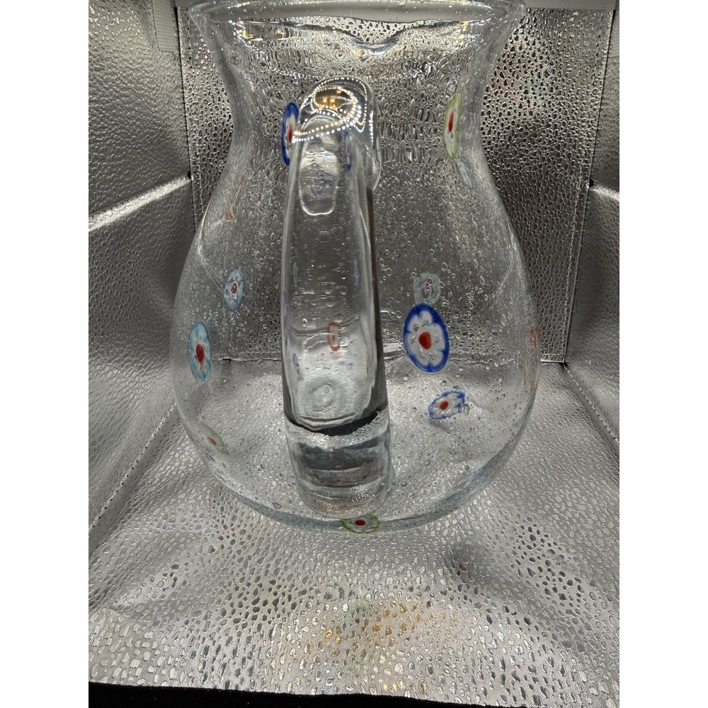 Hand Blown Clear Glass Pitcher with Millefiori  9" x 7" - Picture 5 of 7